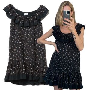 RED Valetino Cotton Boho Black Floral Print Sleeveless Bardot Ruffle Mini Dress